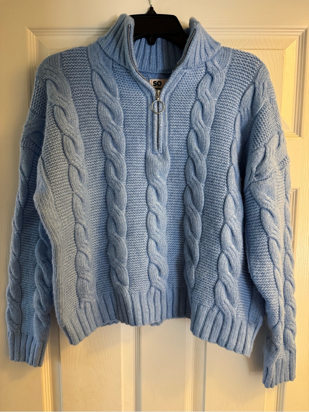 Light Blue Cable Knit Half-Zip cropped Sweater
